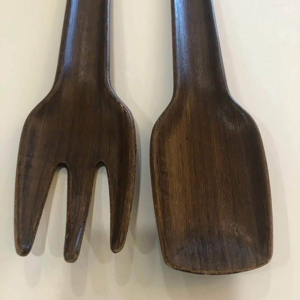 MCM wooden salad servers fork and spoon with decorative metal accents. Geometric